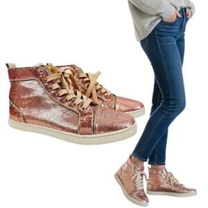 Christian Louboutin Bip Bip Sequins High Top Leather Sneakers Rose Gold Size 39